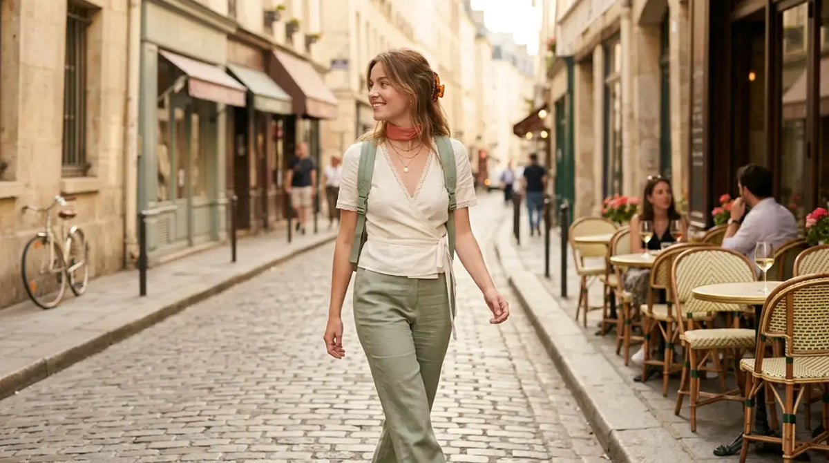 Jeune femme élégante portant un sac à dos léger dans une rue parisienne ensoleillée, ambiance estivale dorée et terrasse de café en arrière-plan.