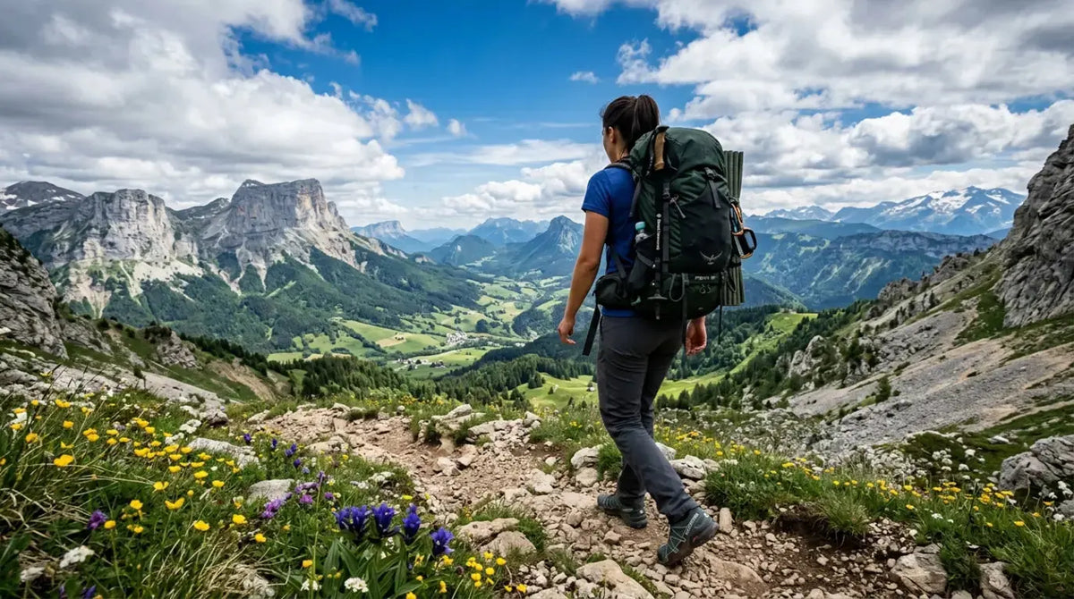 Jeune femme en randonnée portant un sac à dos technique sur un sentier alpin, paysage de montagne verdoyant et ciel bleu en arrière-plan.
