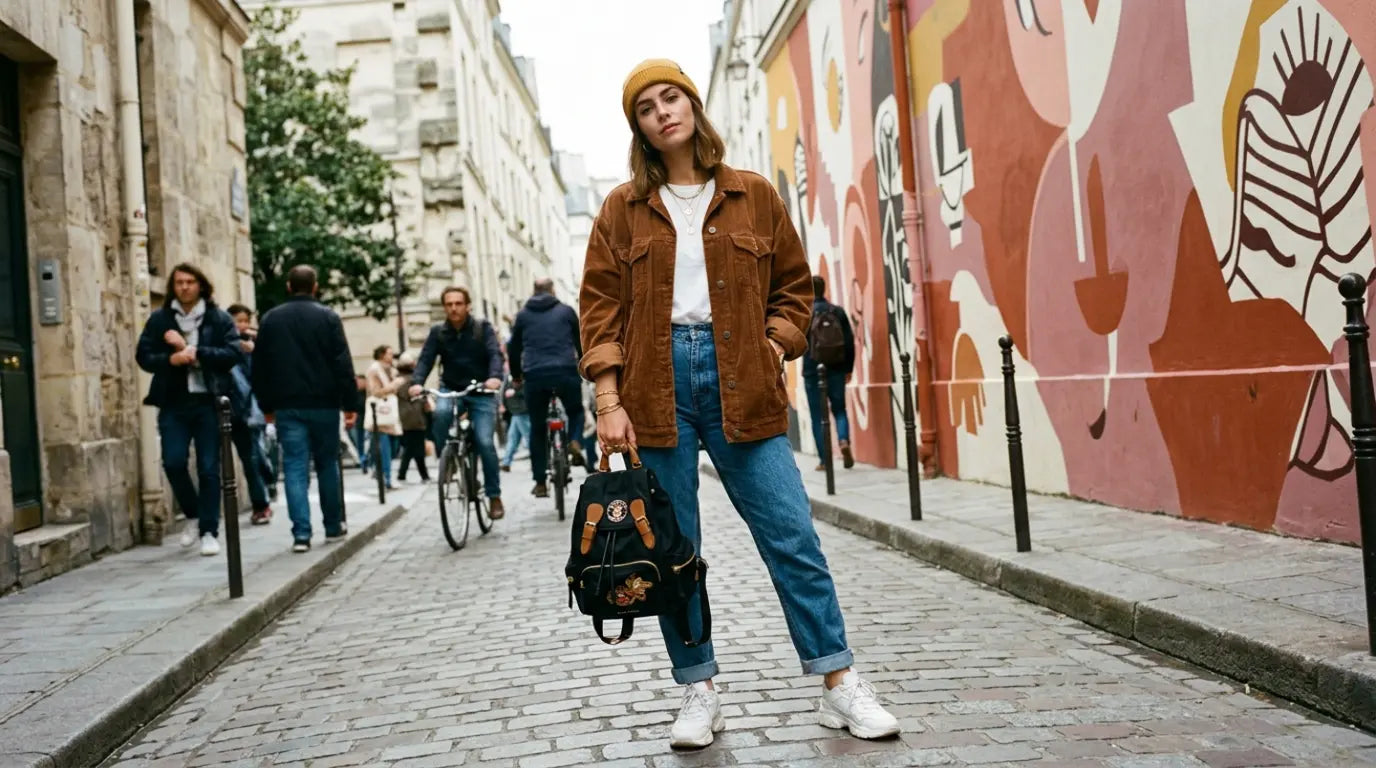 Jeune femme tendance portant un sac à dos fashion dans une rue parisienne, façades en pierre ocre et ambiance urbaine créative.