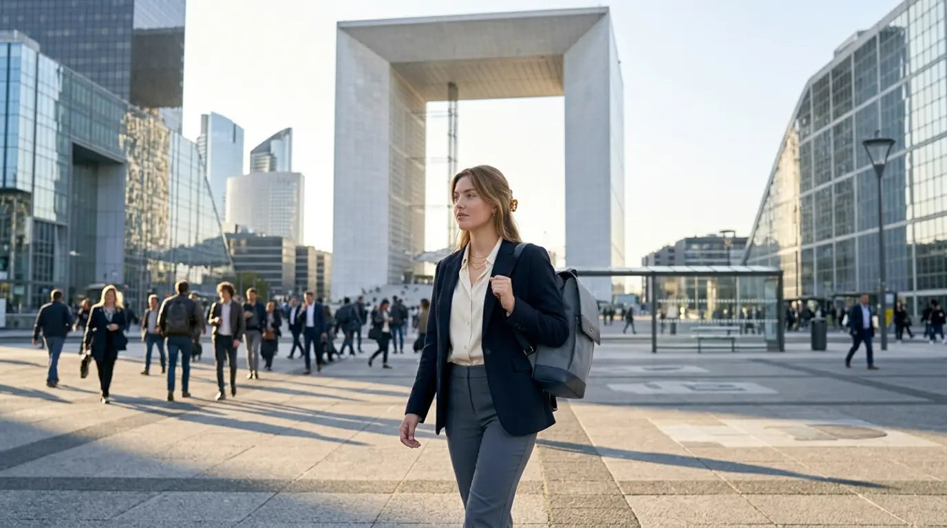 Femme professionnelle portant un sac à dos travail élégant sur l'esplanade de La Défense à Paris, avec la Grande Arche en arrière-plan.