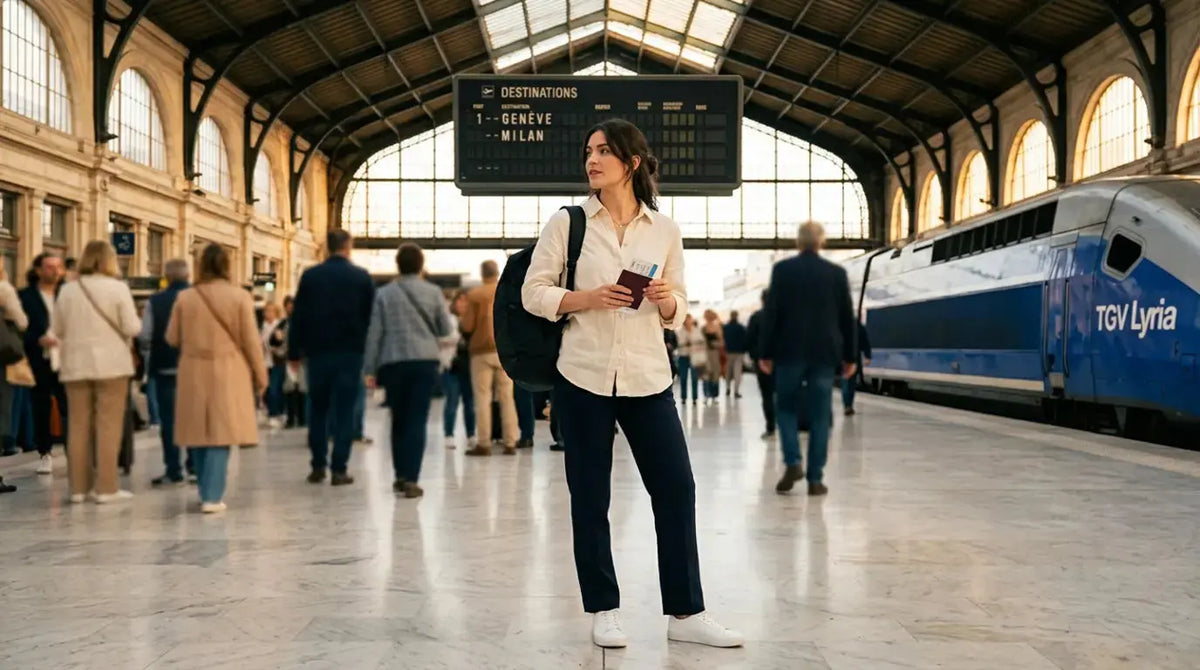 Jeune femme élégante portant un sac à dos de voyage léger dans une grande gare française, ambiance départ et wanderlust.