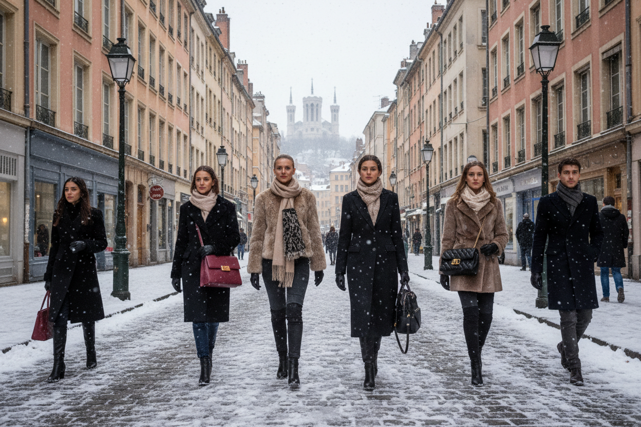 des personnes portant des sac élégants et variés, à lyon, pendant l'hiver, et enneigé