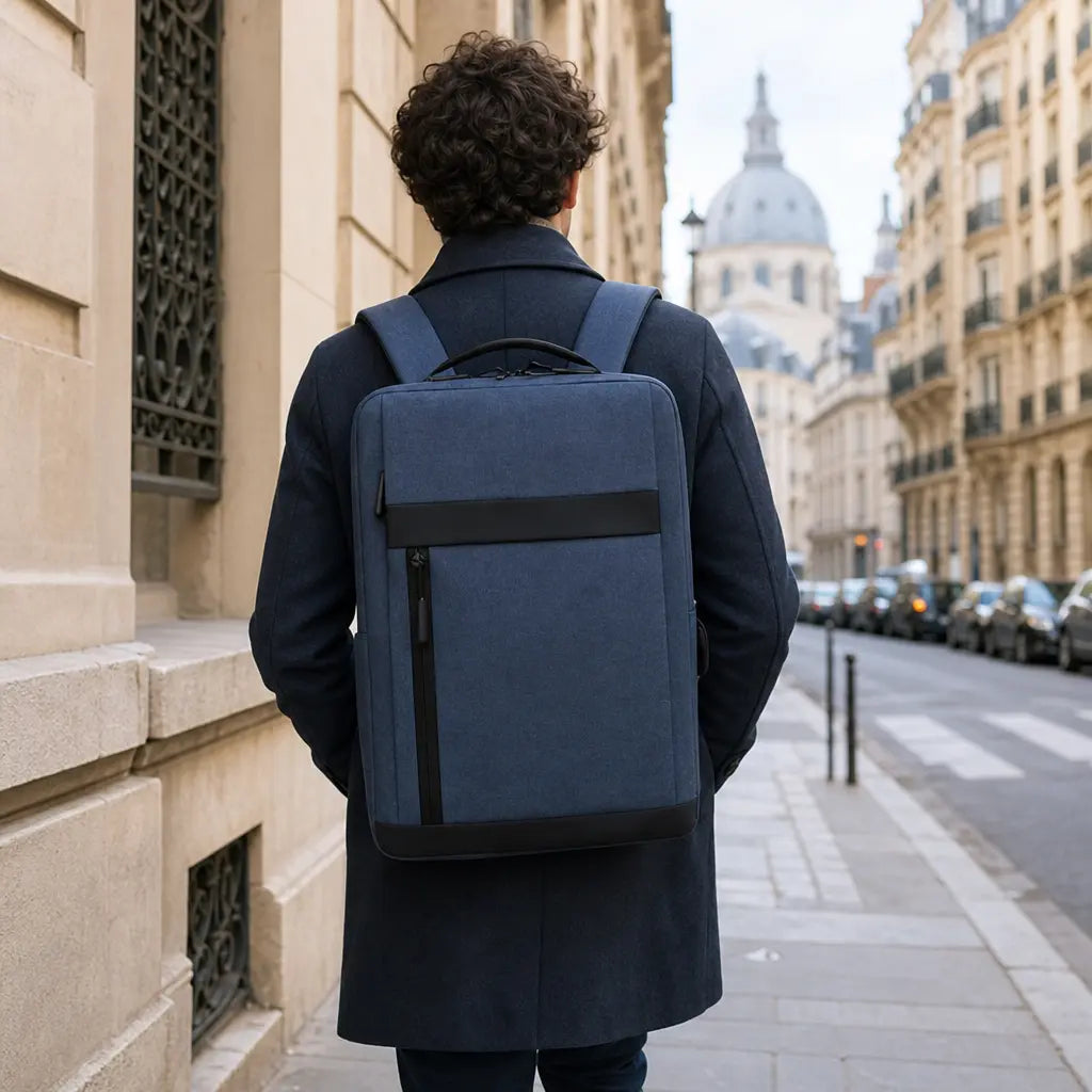 Personne marchant en ville avec le sac sur le dos Bleu