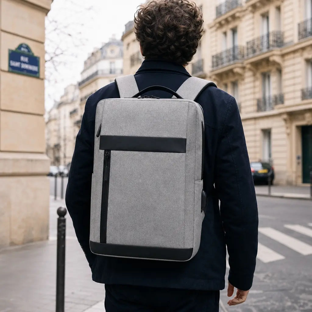Personne marchant en ville avec le sac sur le dos gris