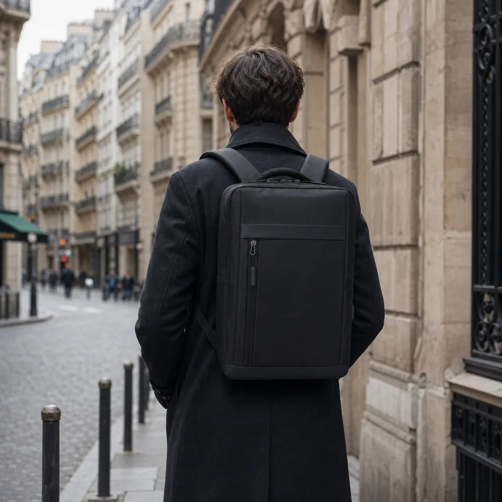 Personne marchant en ville avec le sac sur le dos Noir