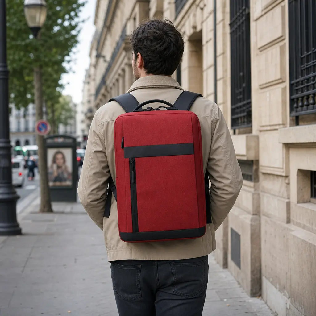 Personne marchant en ville avec le sac sur le dos rouge