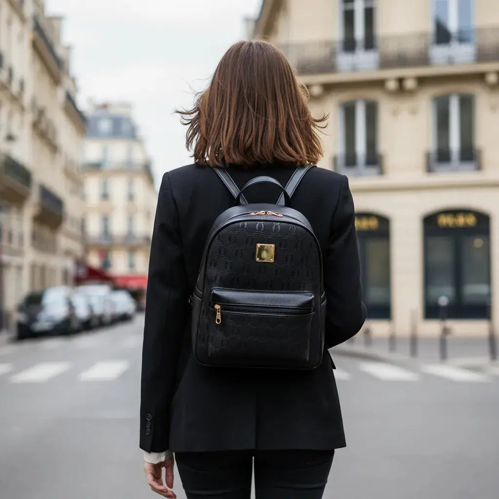 Petit sac à dos cuir élégant Noir porté de dos par une femme en ville