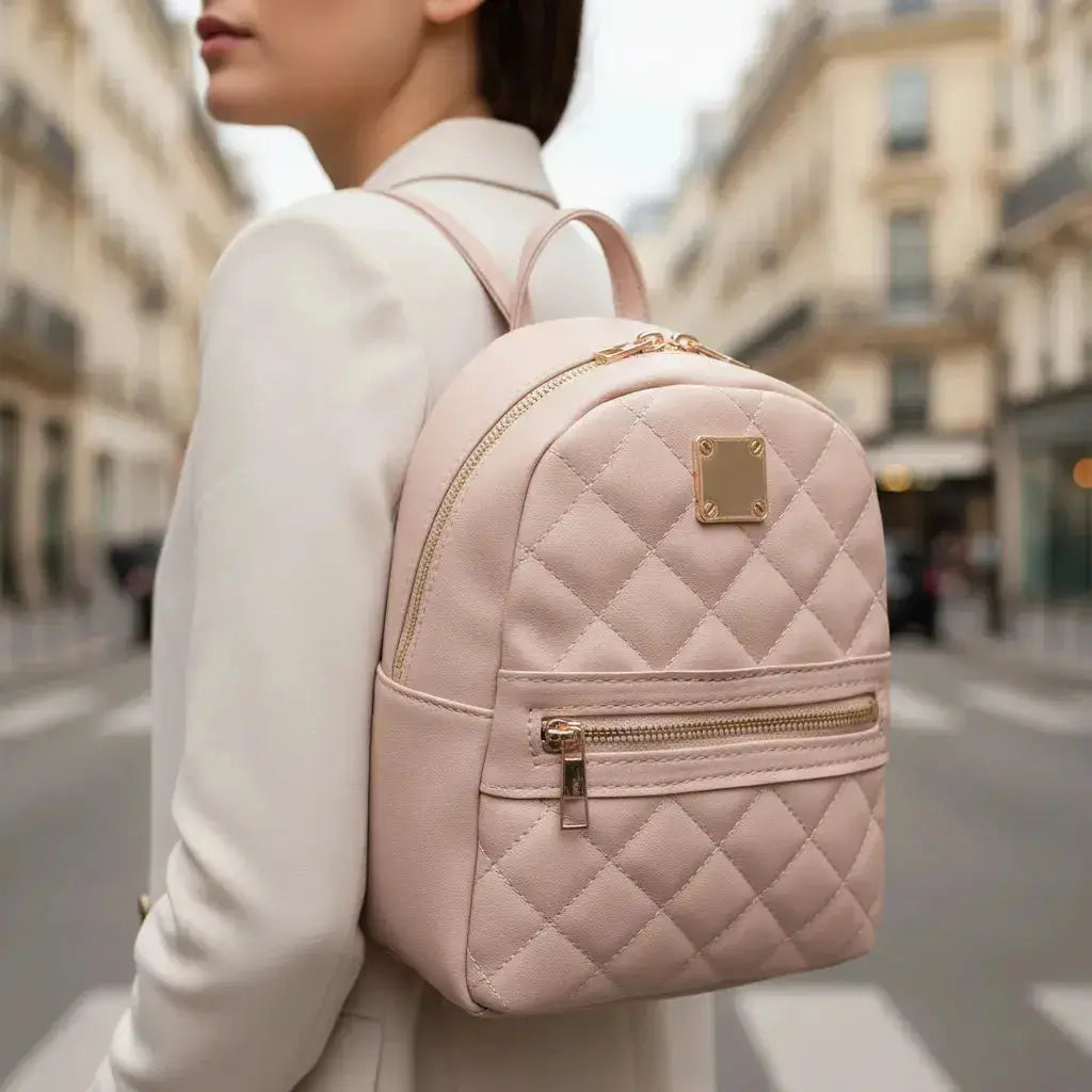 Petit sac à dos cuir femme Rose, porté en promenade en ville
