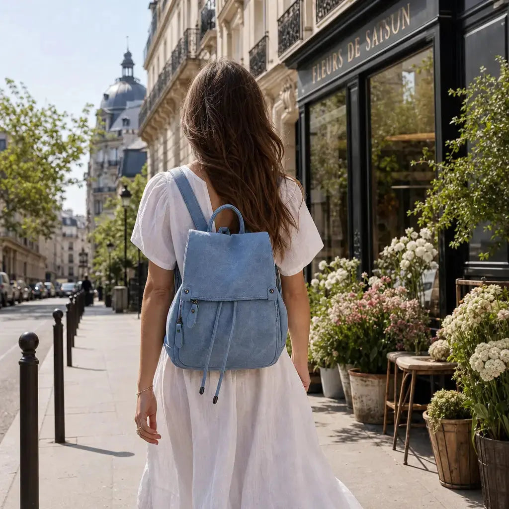 Jeune femme de dos portant le Petit Sac à Dos en Jean Femme Bleu dans les rues de Paris