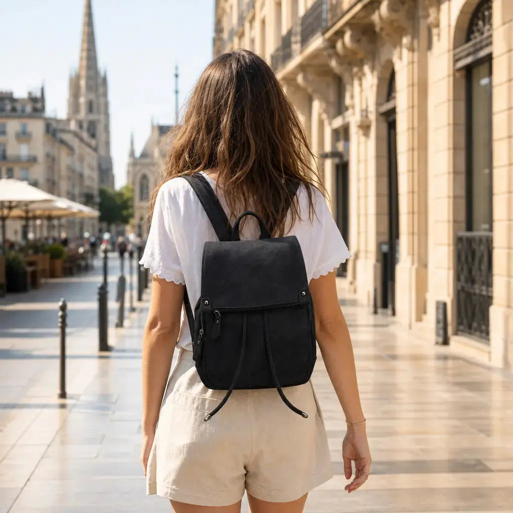 Jeune femme de dos avec le Petit Sac à Dos en Jean Femme Noir à Bordeaux