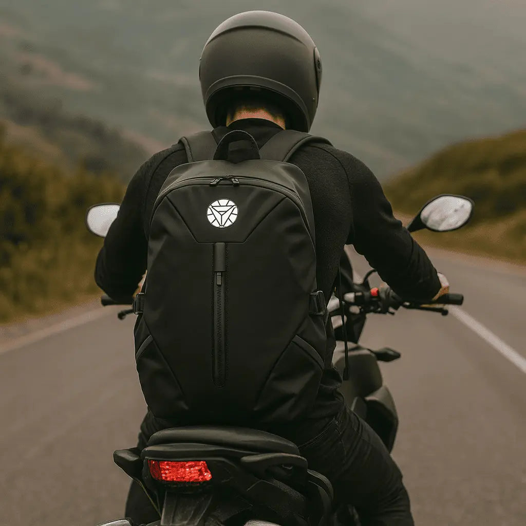 Sac à dos 2 roues Noir porté par un motard sur une route de campagne
