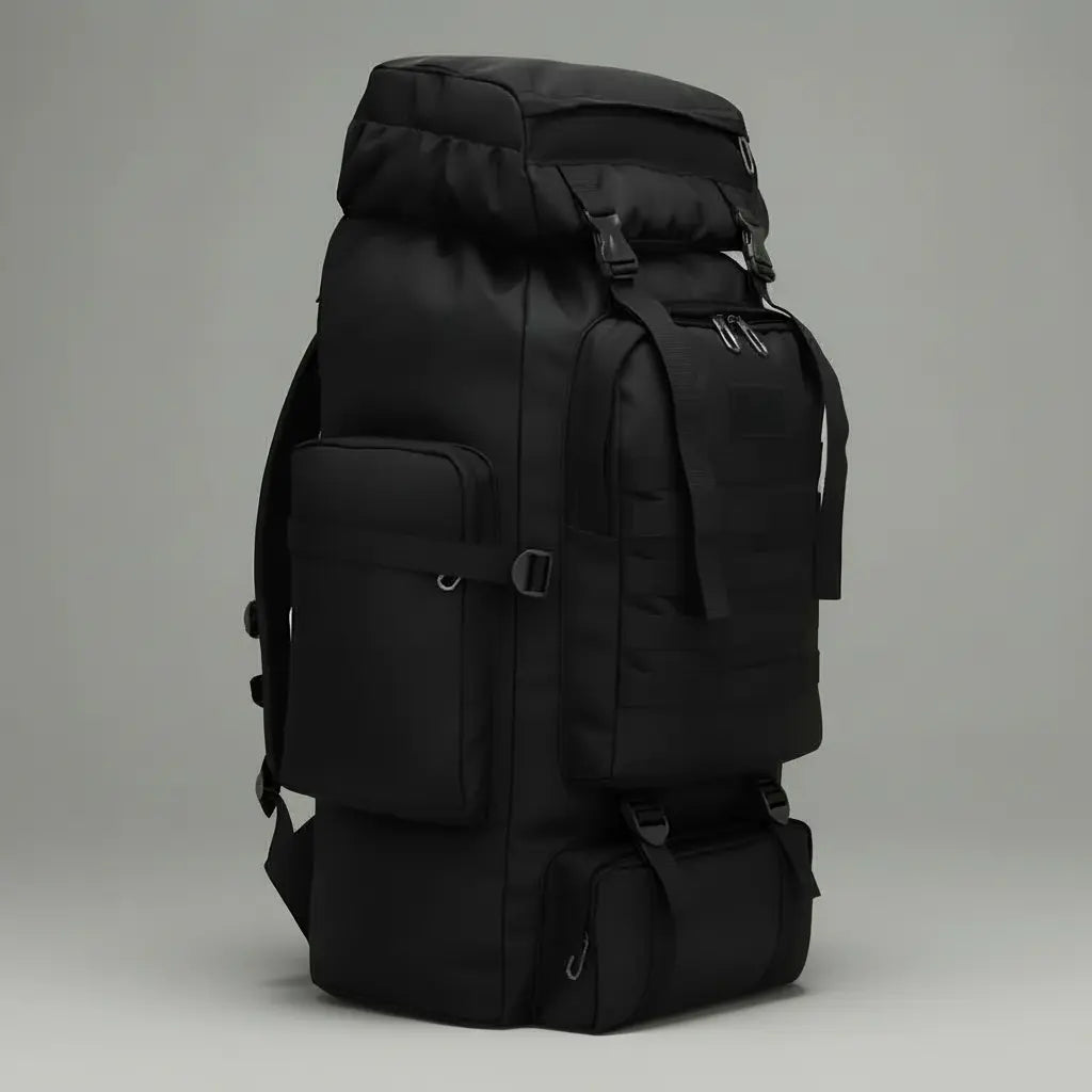 Sac a dos alpiniste militaire Neutre Noir, vue de profil avec compartiments et rangements