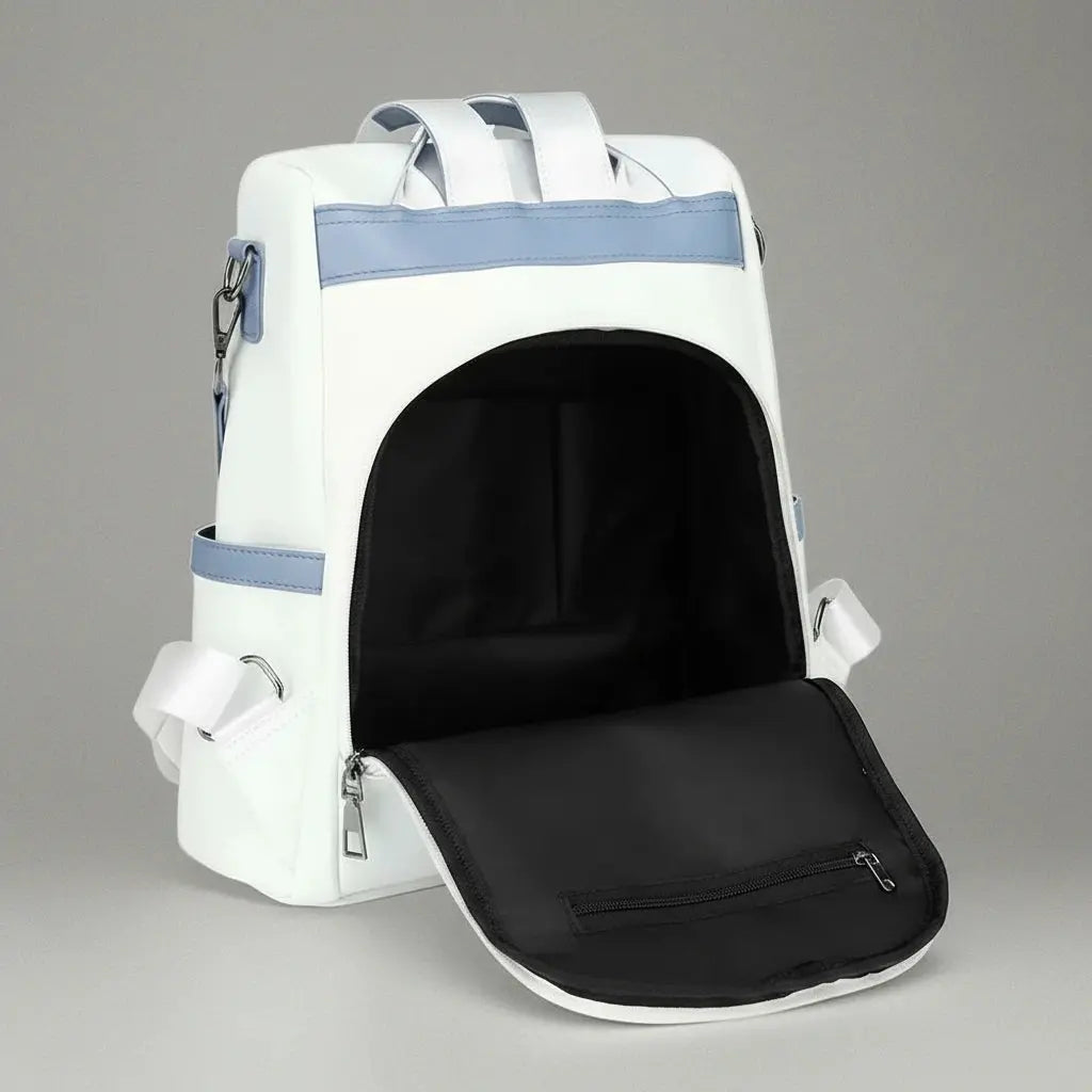 Sac à dos antivol mode femme Blanc Bleu, vue intérieur via la poche zippée