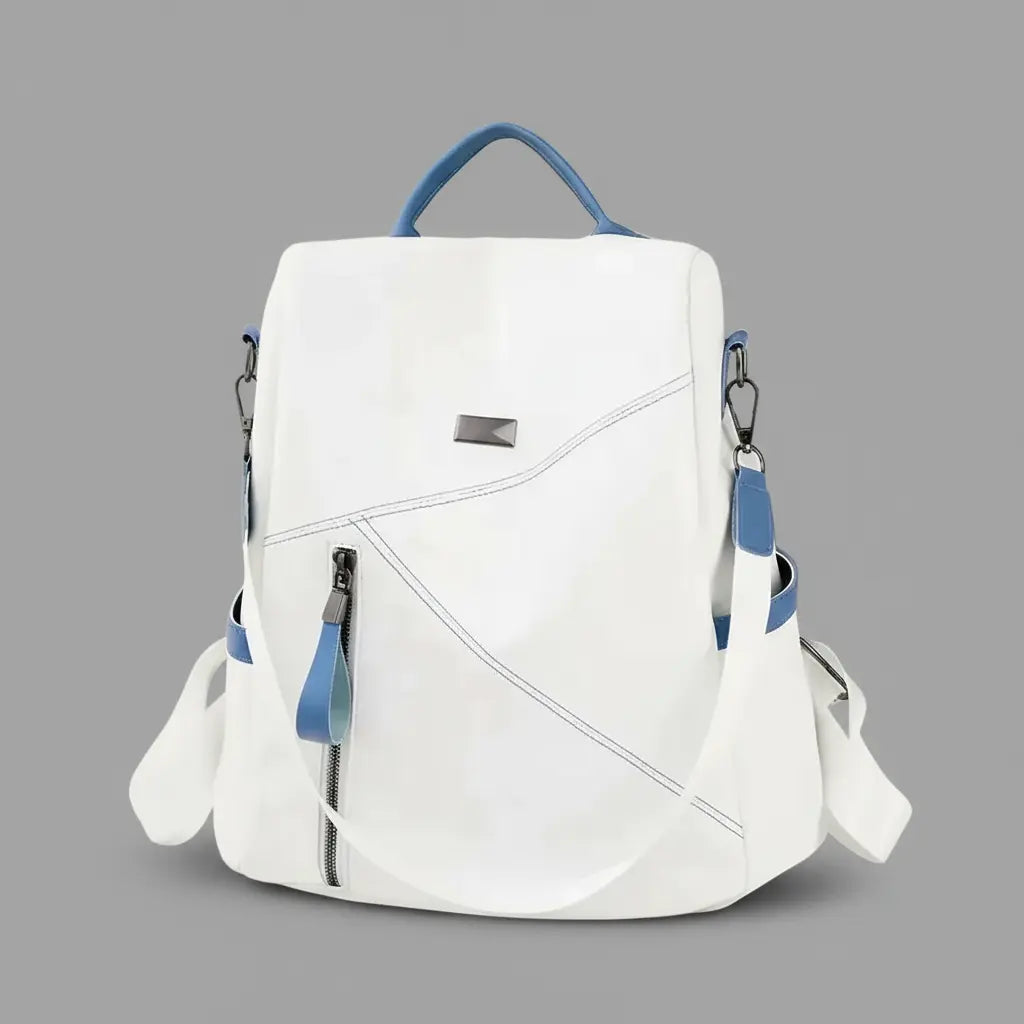 Sac à dos antivol mode femme Blanc Bleu, vue de profil