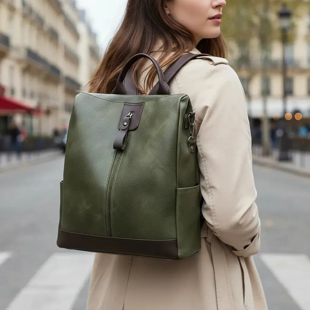 Sac a dos antivol vintage Vert, porté dans un environnement urbain