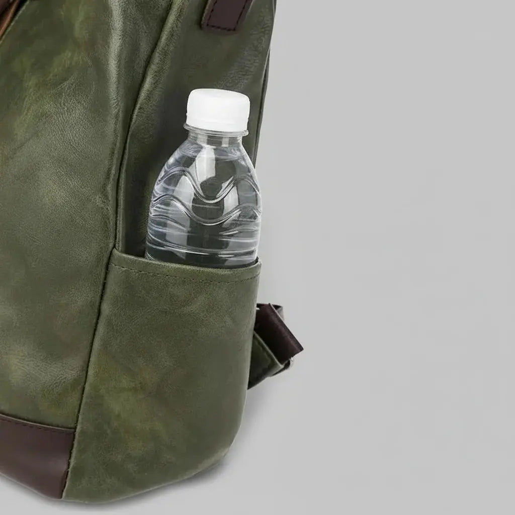 Sac a dos antivol vintage Vert, détail de la poche latérale