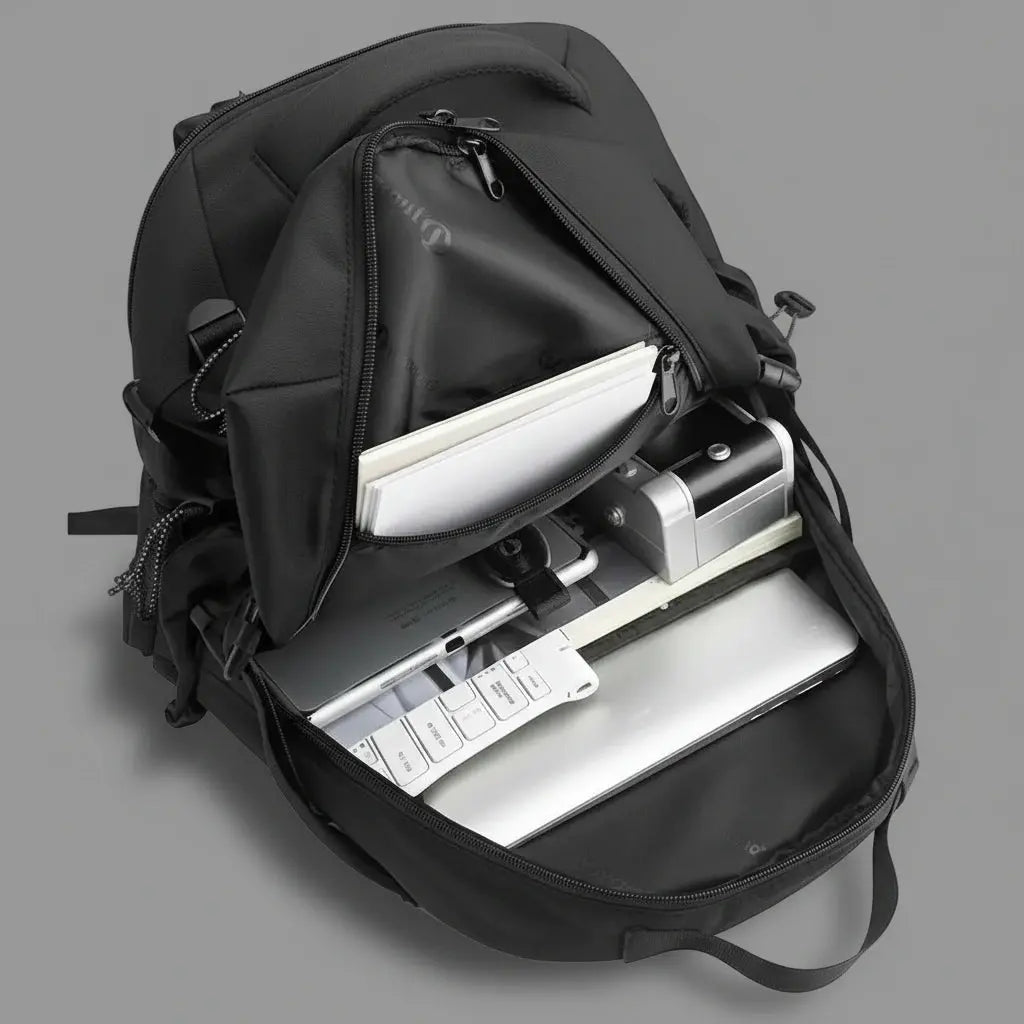 Intérieur du sac à dos antivol voyage homme Gris, avec compartiments organisés