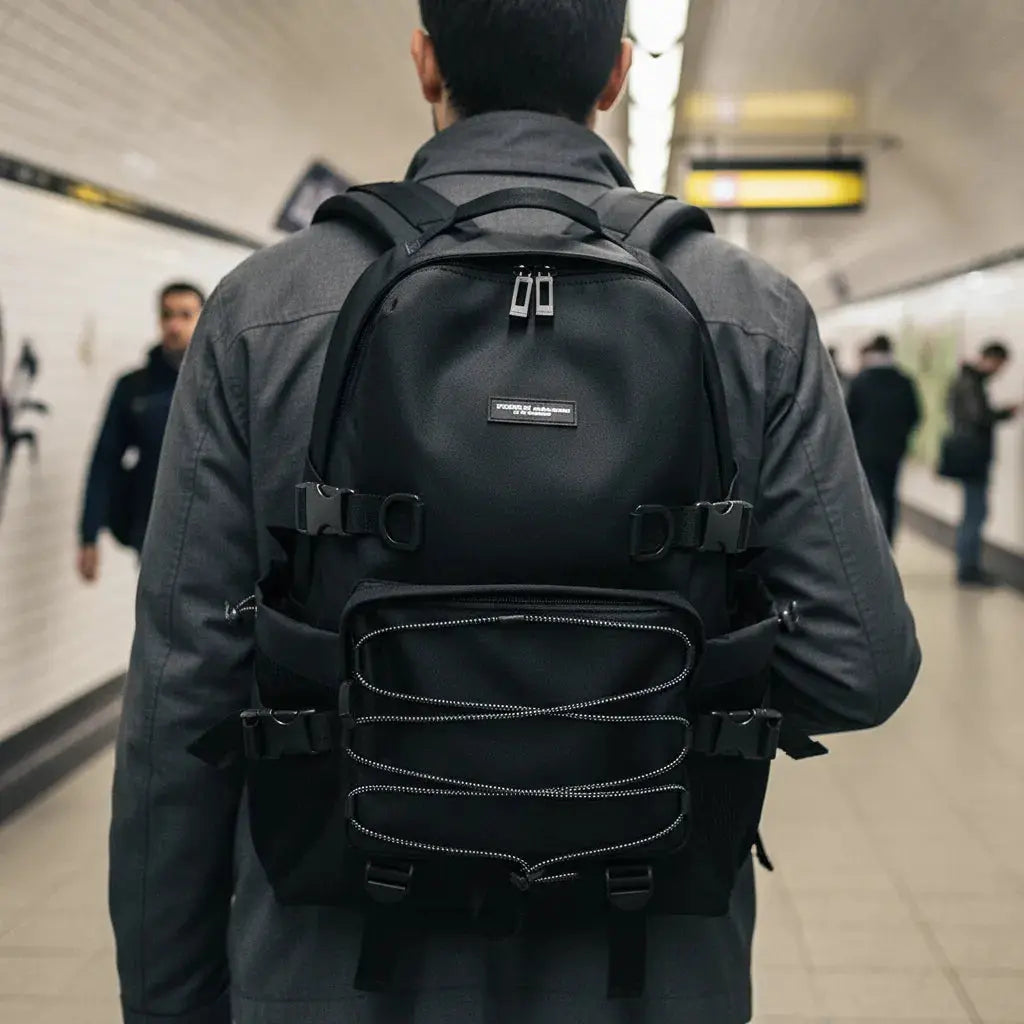 Sac à dos antivol voyage homme Noir, porté par une personne dans le métro