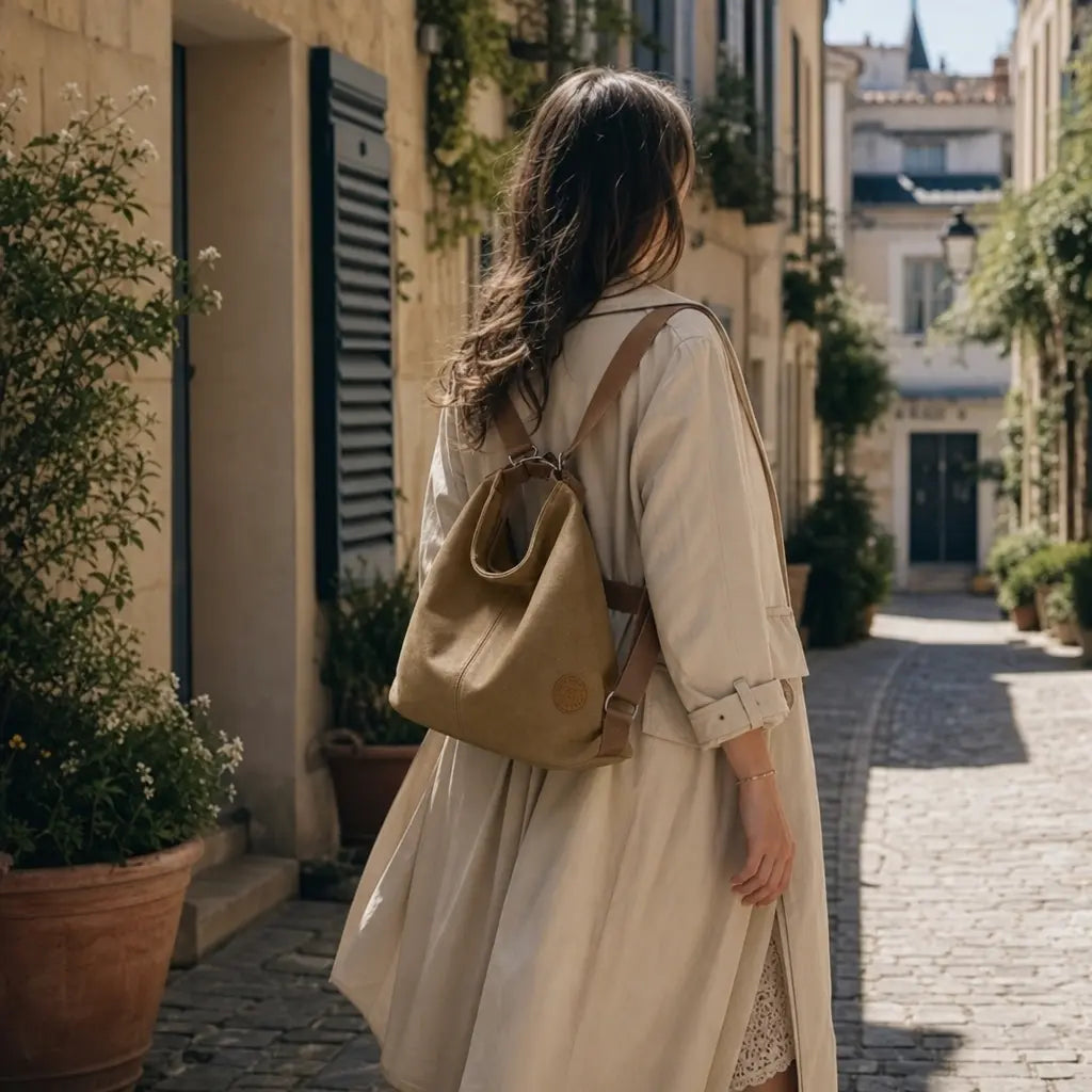 Sac à dos bandoulière femme voyage Marron porté en balade en ville