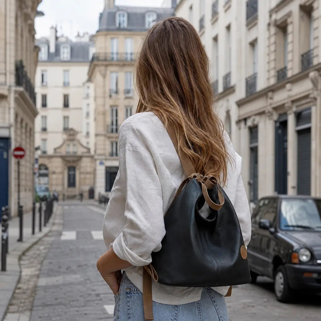 Sac à dos bandoulière femme voyage Noir porté dans les rues de Paris