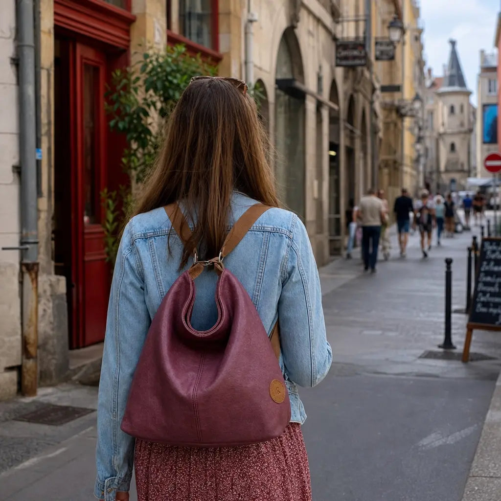 Sac à dos bandoulière femme voyage Violet porté en visite à Lyon