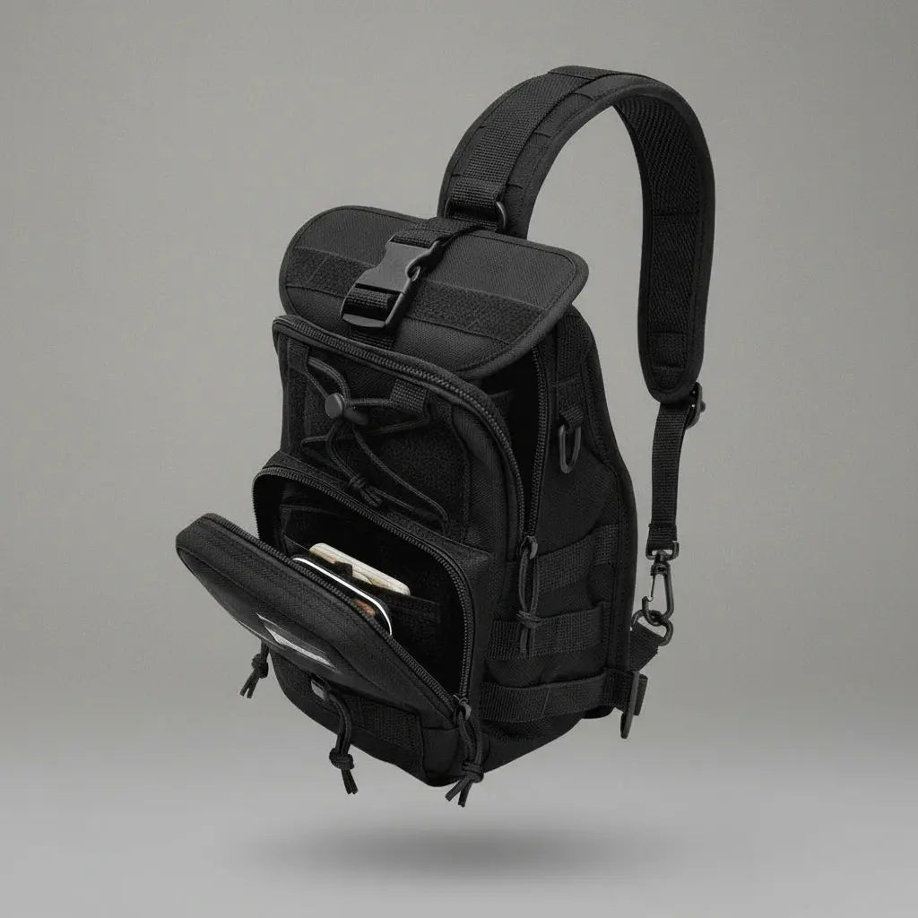 Sac à dos bandoulière Neutre Noir, détail des compartiments intérieurs ouverts