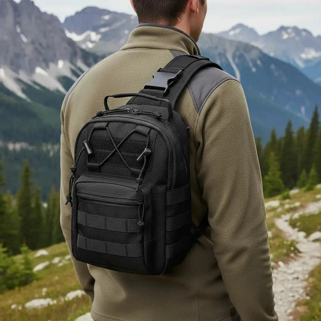 Sac à dos bandoulière Neutre Noir porté en randonnée en montagne