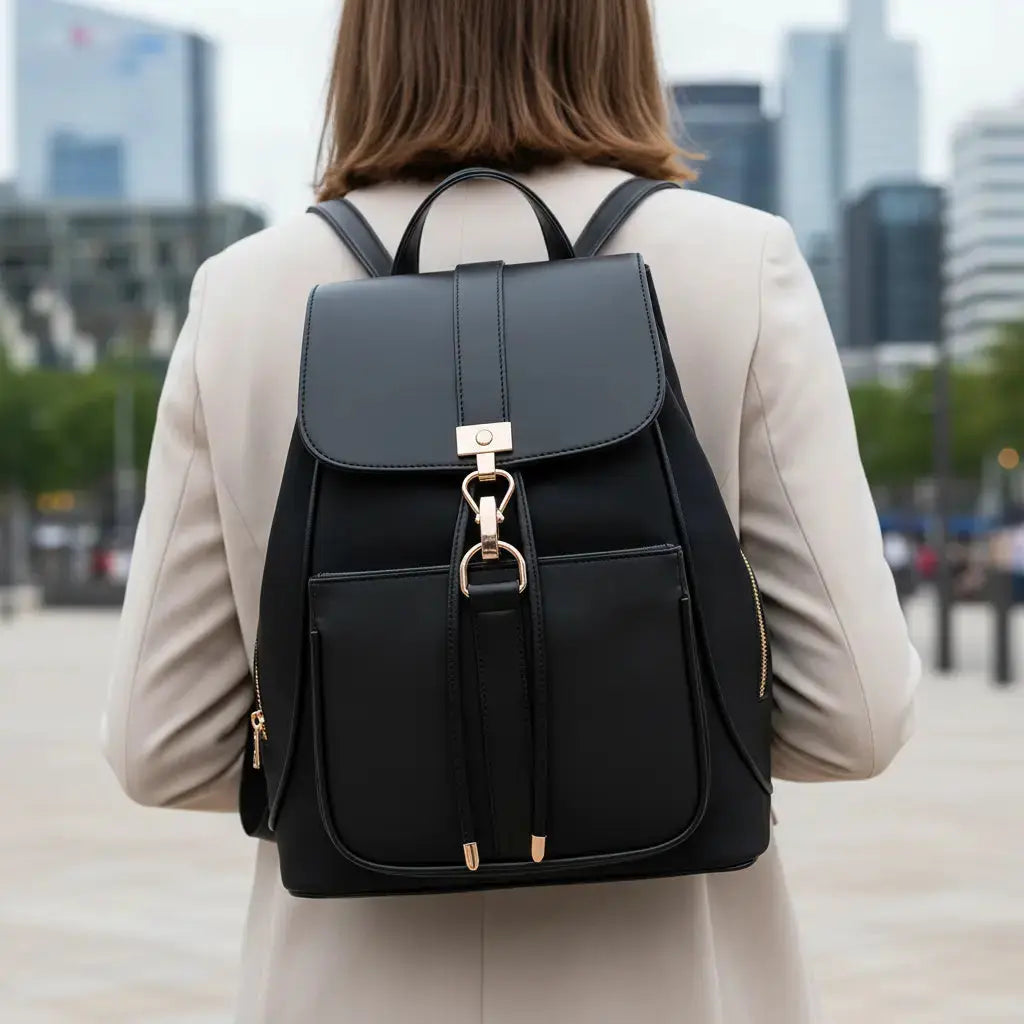 Sac à dos business femme Noir porté par une femme en ville