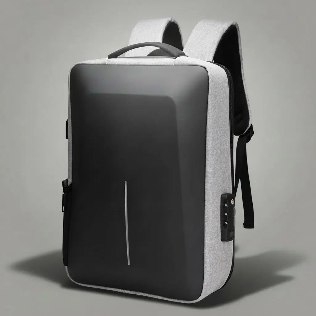 Sac à dos business homme Gris, vue de trois-quarts mettant en avant la serrure
