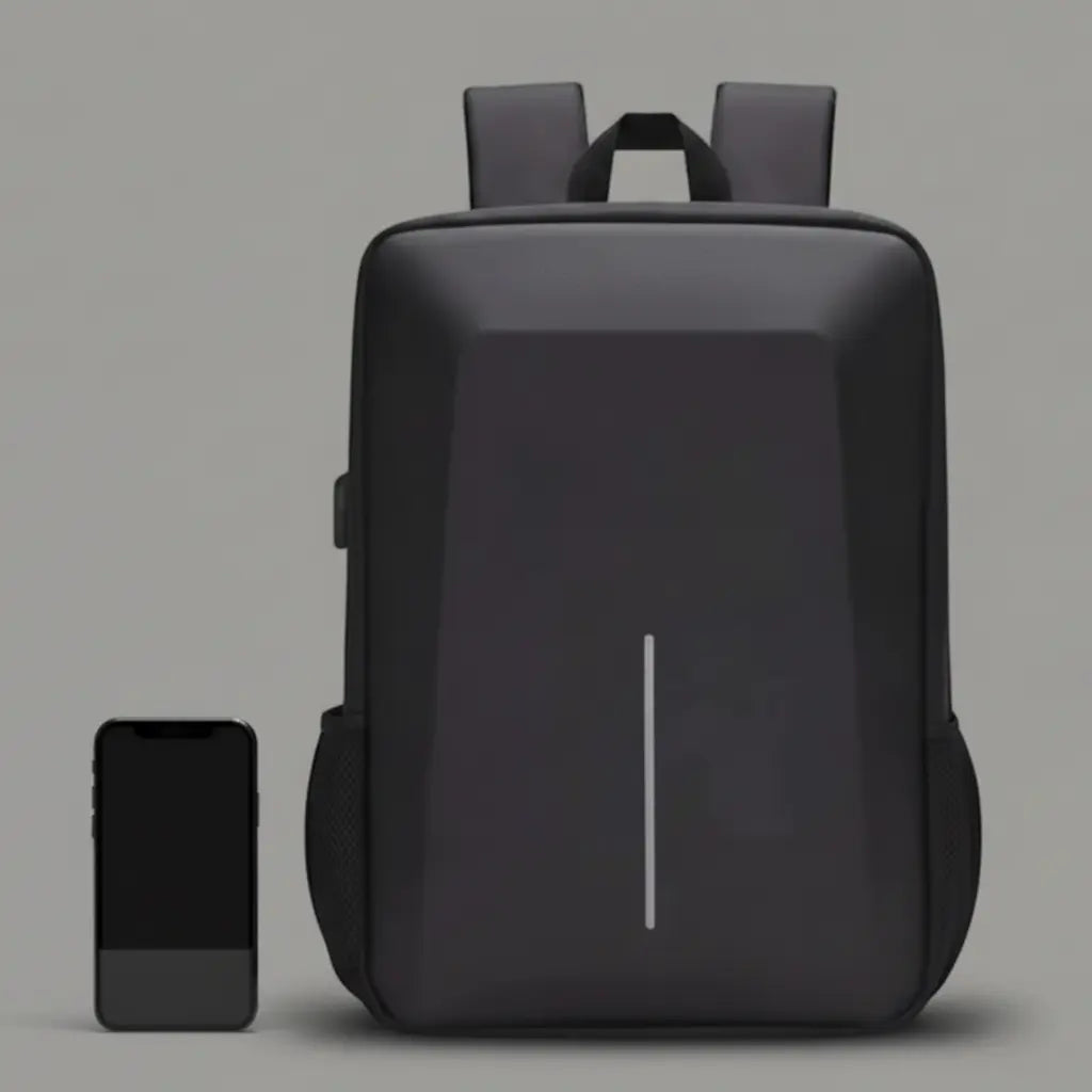 Sac à dos business homme Noir, vue de face comparé à la taille d'un smartphone