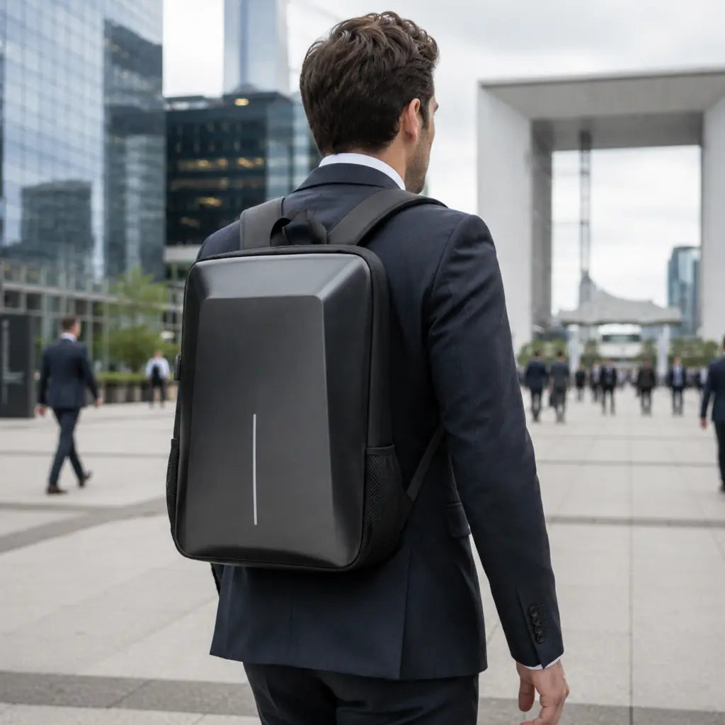 Sac à dos business homme Noir porté par un professionnel en costume en extérieur