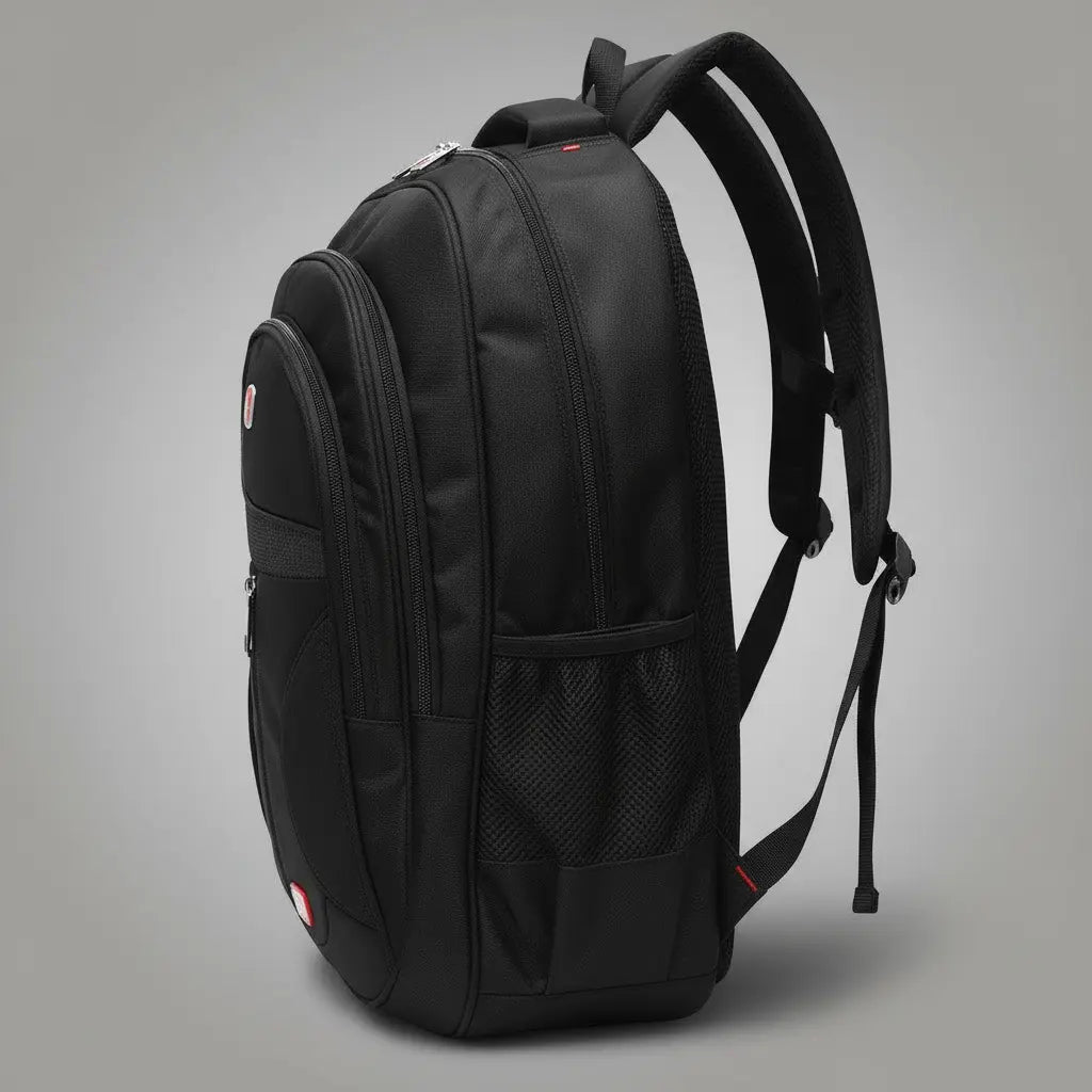 Sac à dos cabine homme Noir, vue de profil avec poche filet latérale