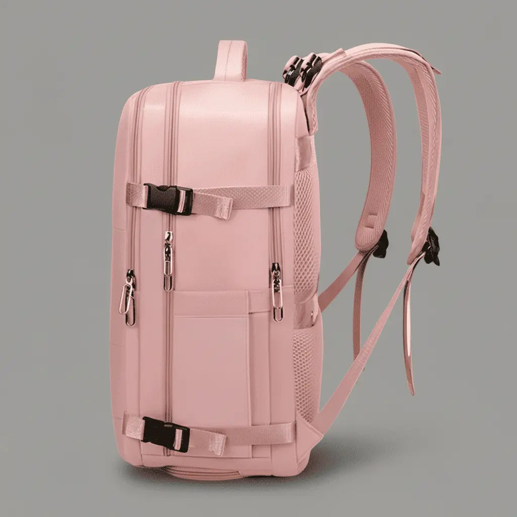 Sac à dos cabine imperméable Rose, détail de la poche latérale et des sangles