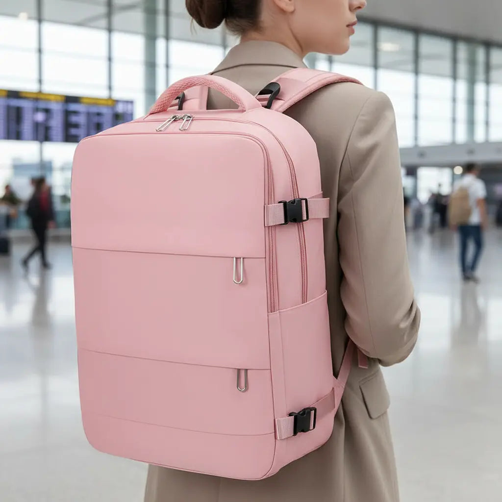 Sac à dos cabine imperméable Rose porté en promenade à l'aéroport