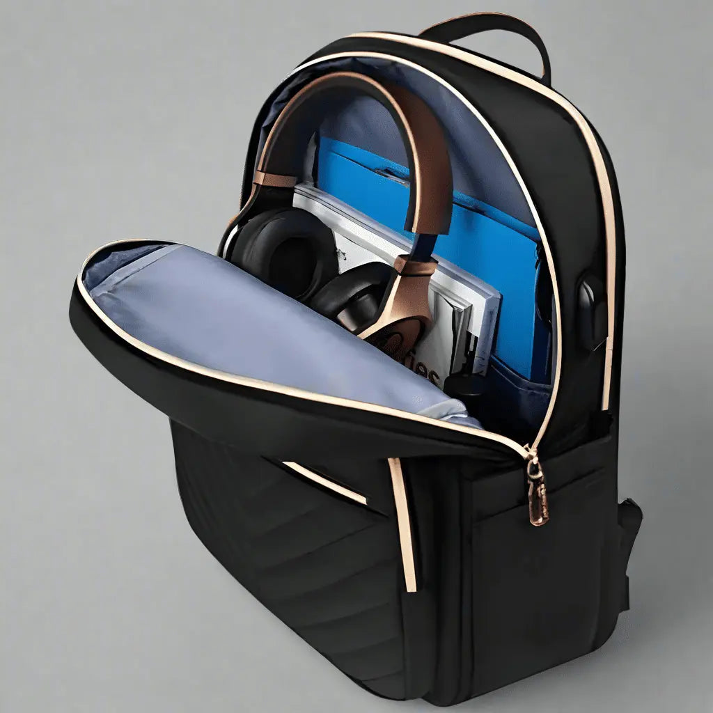 Sac à dos cabine léger Noir, intérieur avec casque audio et documents