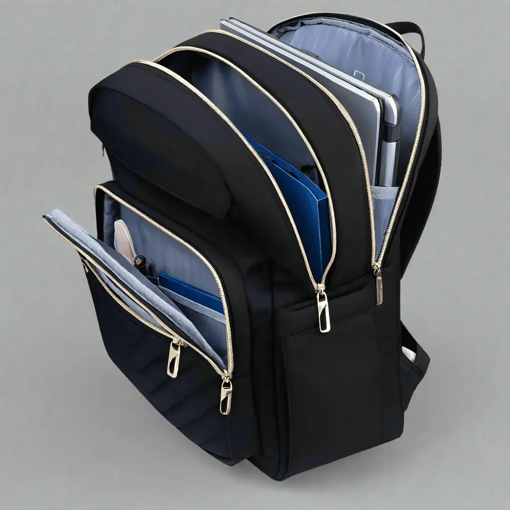 Sac à dos cabine léger Noir, intérieur avec multiples compartiments de rangement ouverts