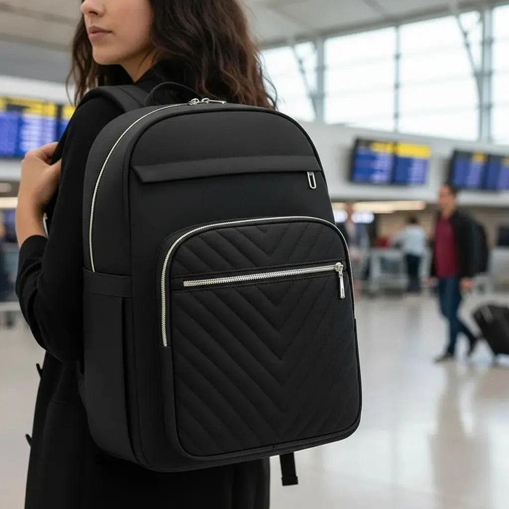 Sac à dos cabine leger Noir, porté dans un aéroport, vue de profil
