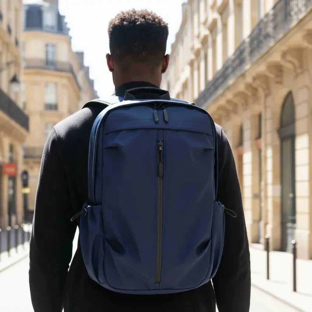 Sac à dos cours minimaliste Bleu porté en promenade en ville