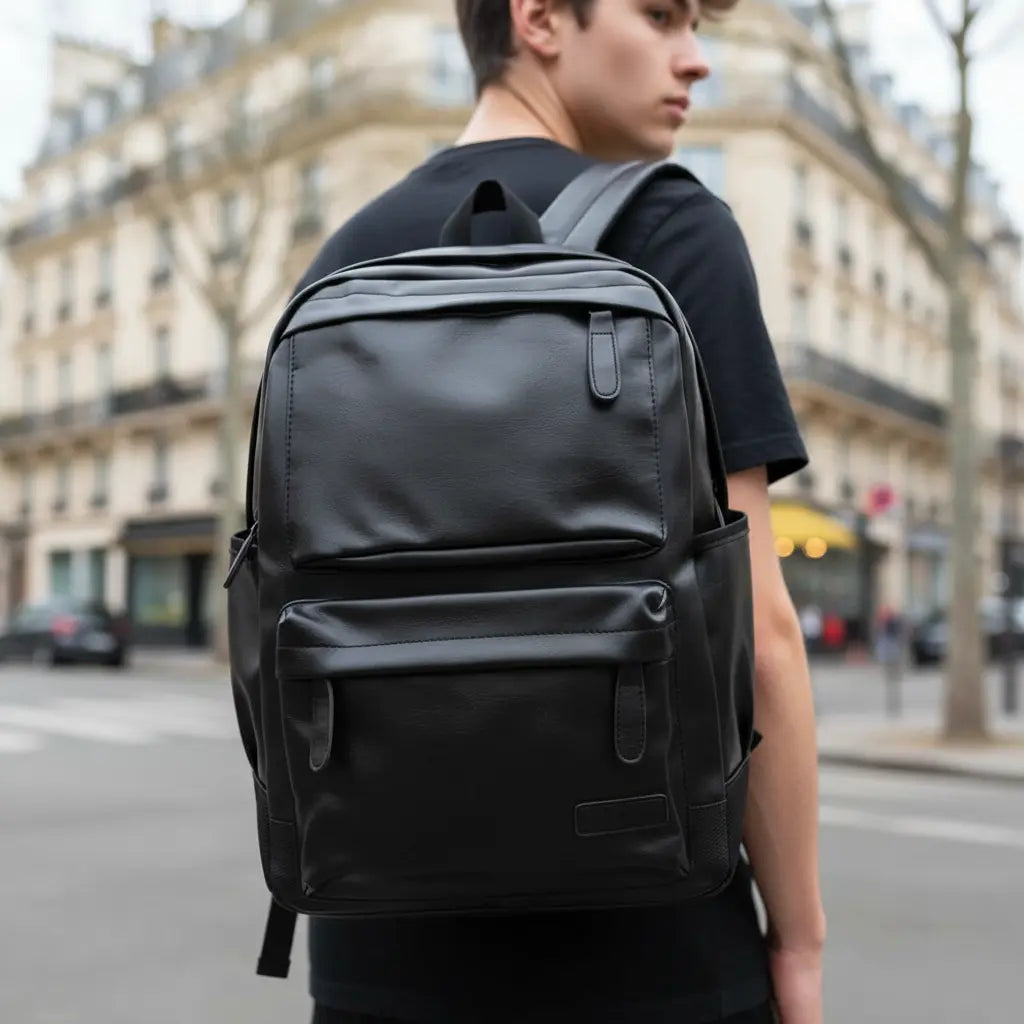Sac à dos cuir étudiant Noir porté par un étudiant en ville