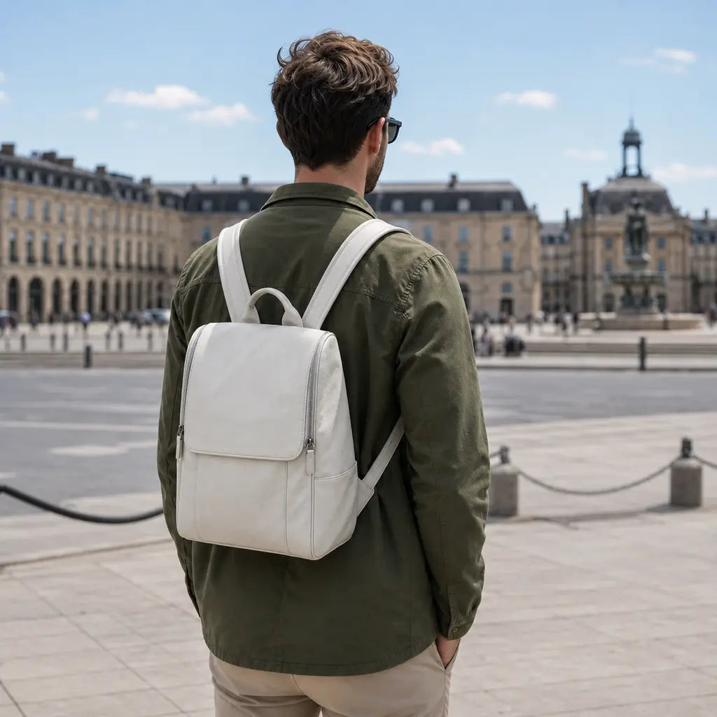Sac à dos cuir homme moderne Blanc porté en ville lors d'une journée ensoleillée