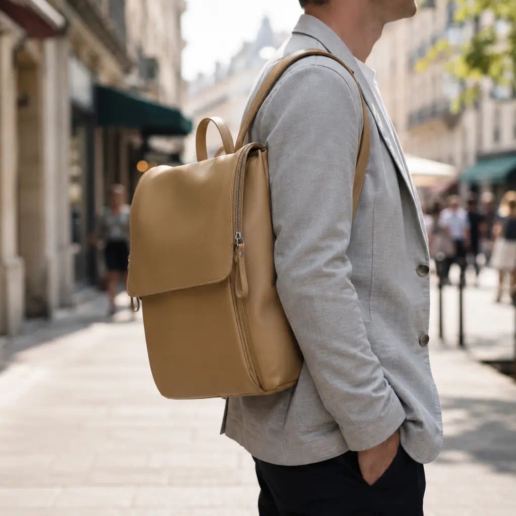 Sac à dos cuir homme moderne Khaki porté lors d'une promenade urbaine à Lyon
