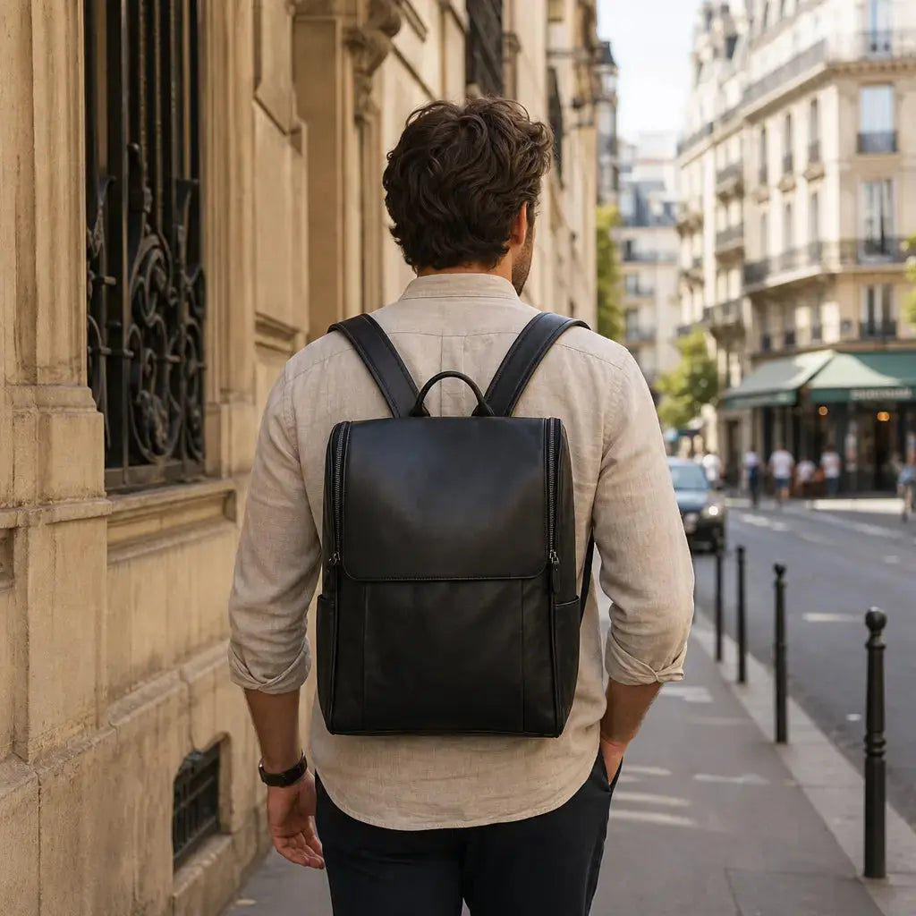 Sac à dos cuir homme moderne Noir porté par un homme dans les rues de Paris