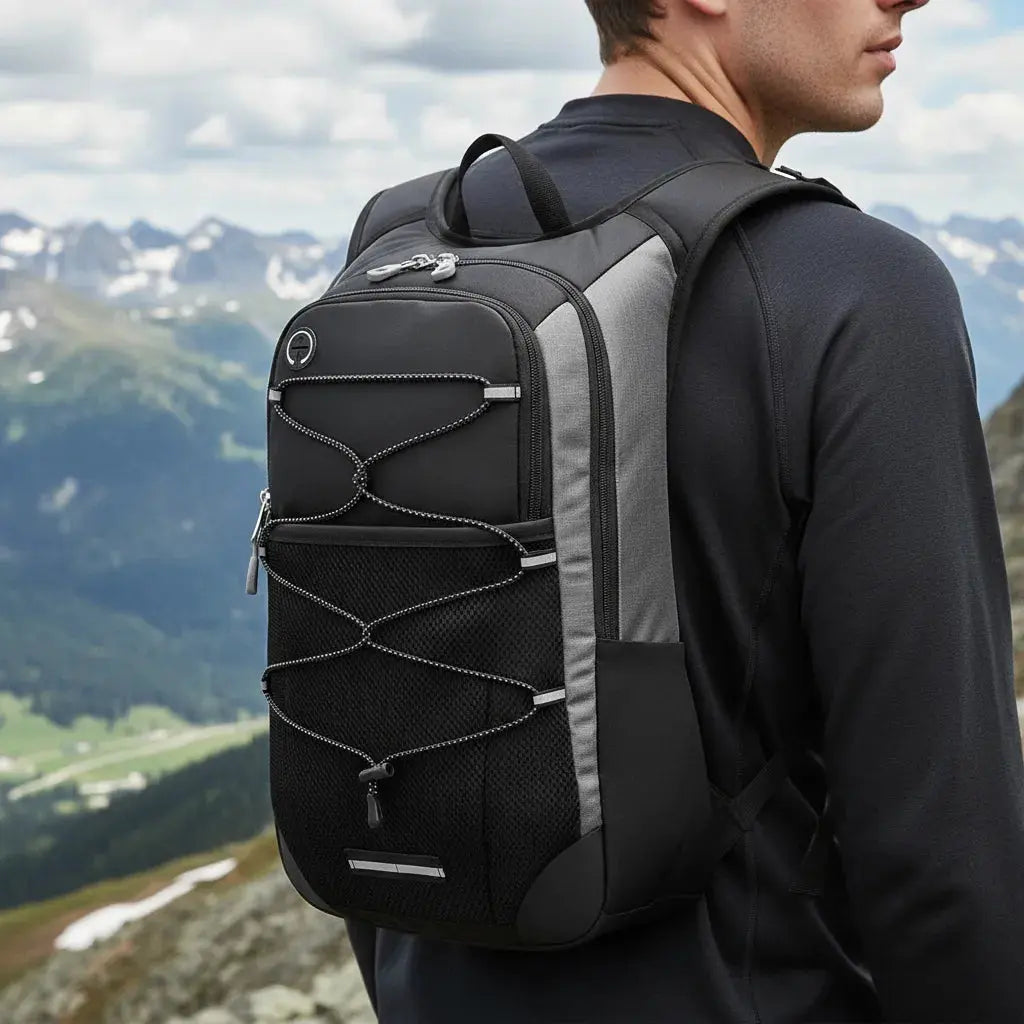 Sac a dos de sport plein air Noir, porté en randonnée en montagne