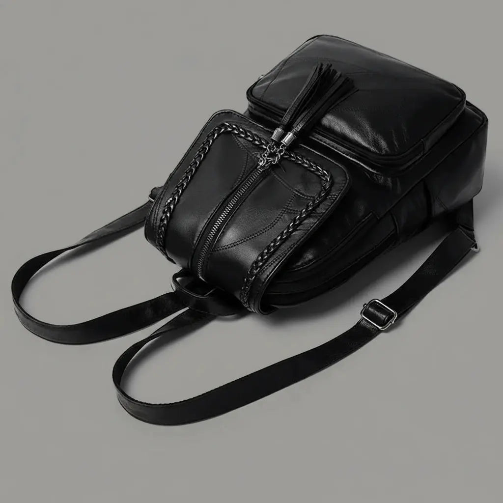 Détail du sac à dos en cuir de haute qualité Noir, vue de dessus