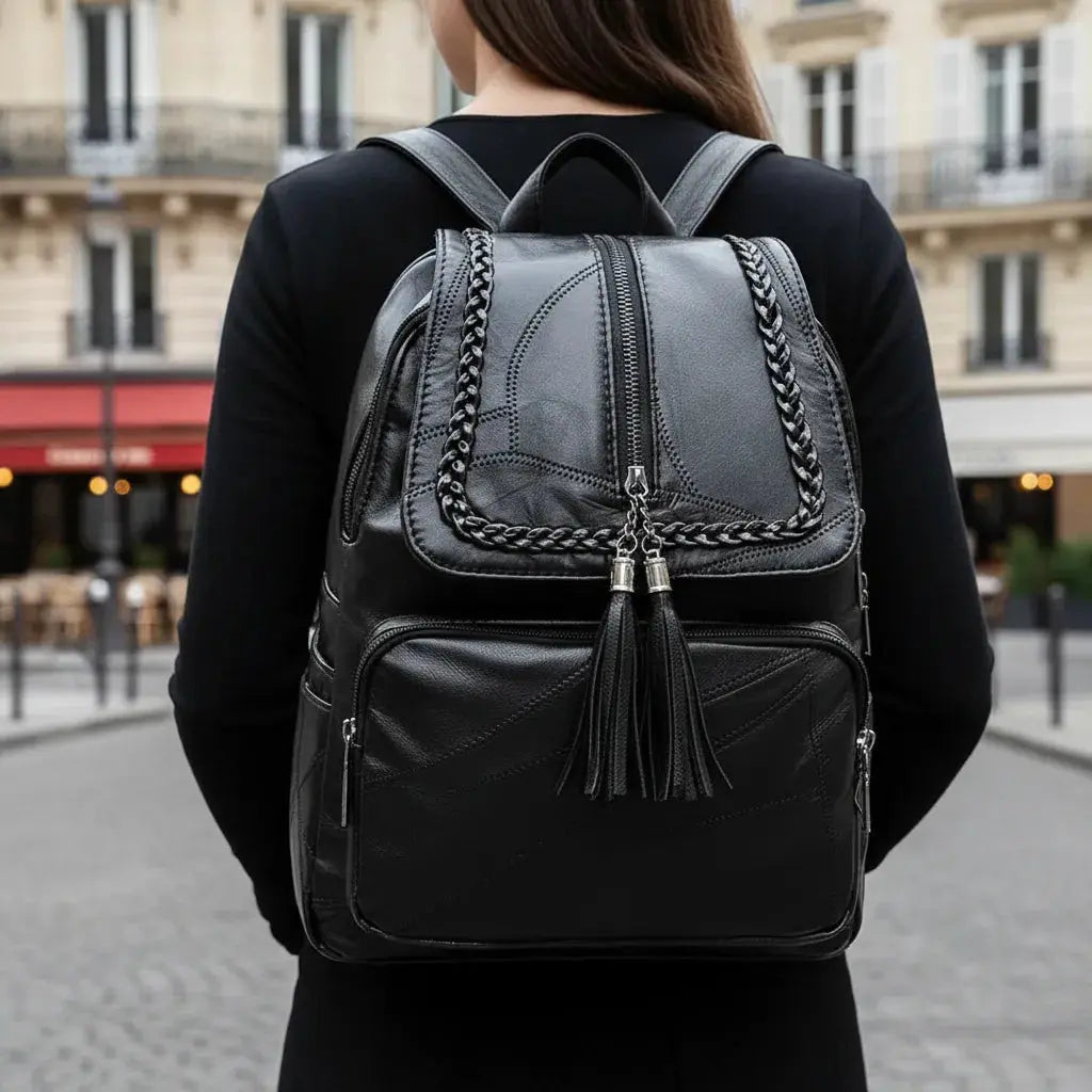 Sac à dos en cuir de haute qualité Noir porté sur le dos en ville