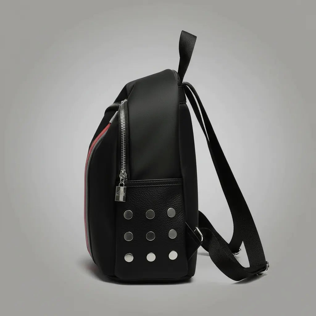 Sac à dos en cuir rétro Noir Rouge Gris, vue de côté