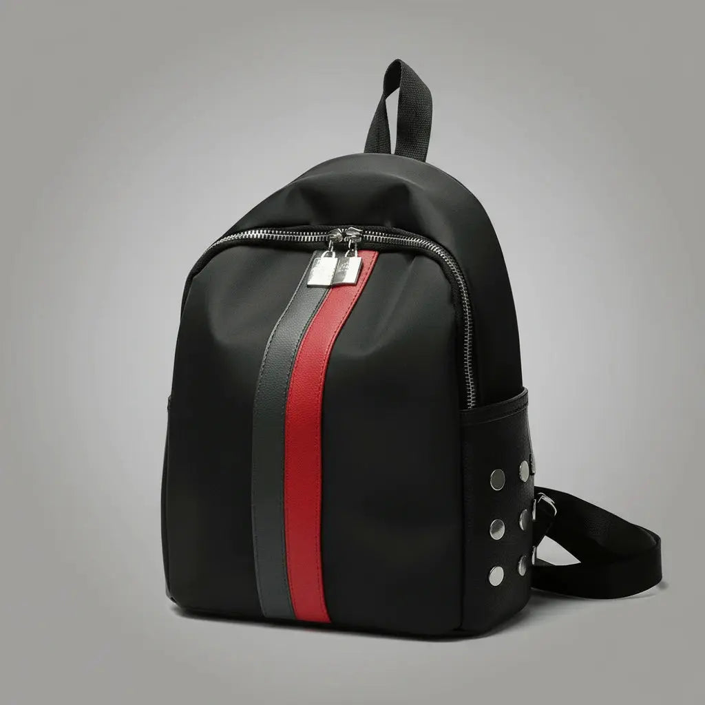 Sac à dos en cuir rétro Noir Rouge Gris, vue de profil