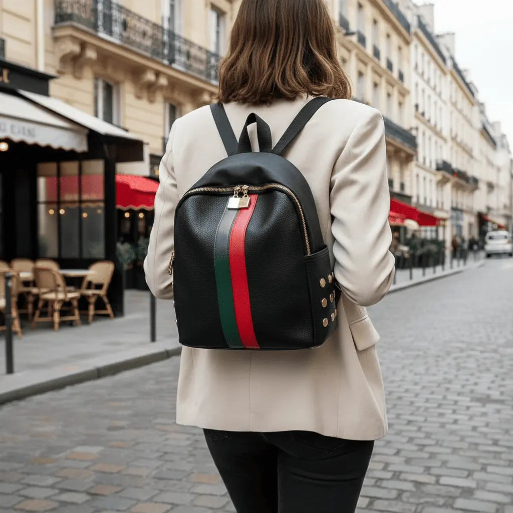 Sac à dos en cuir rétro Noir Rouge Vert porté en ville sur une rue pavée