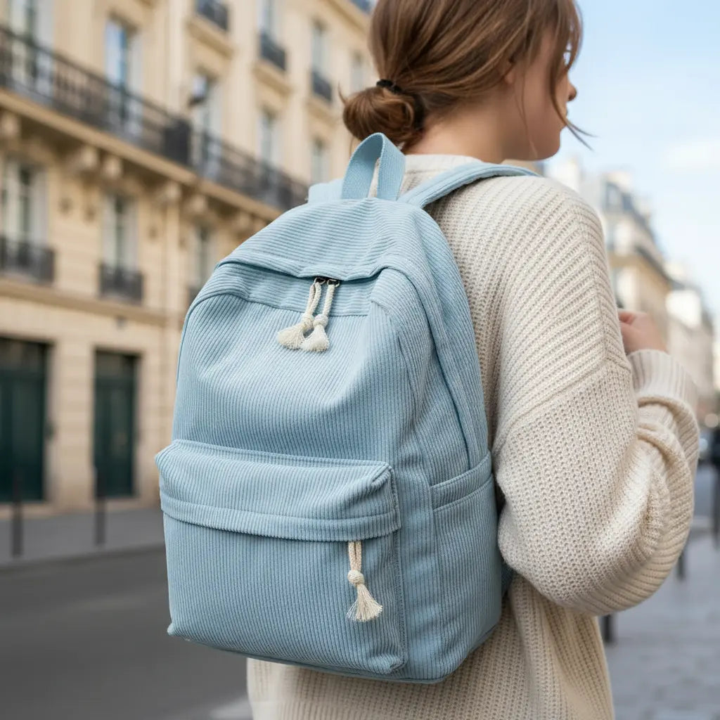 Sac à dos en velours Bleu porté par une femme en promenade en ville