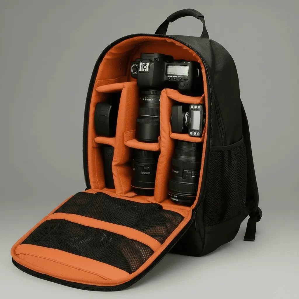 Détail du système antivol et des compartiments pour appareil photo du sac à dos étanche antivol appareil photo Orange